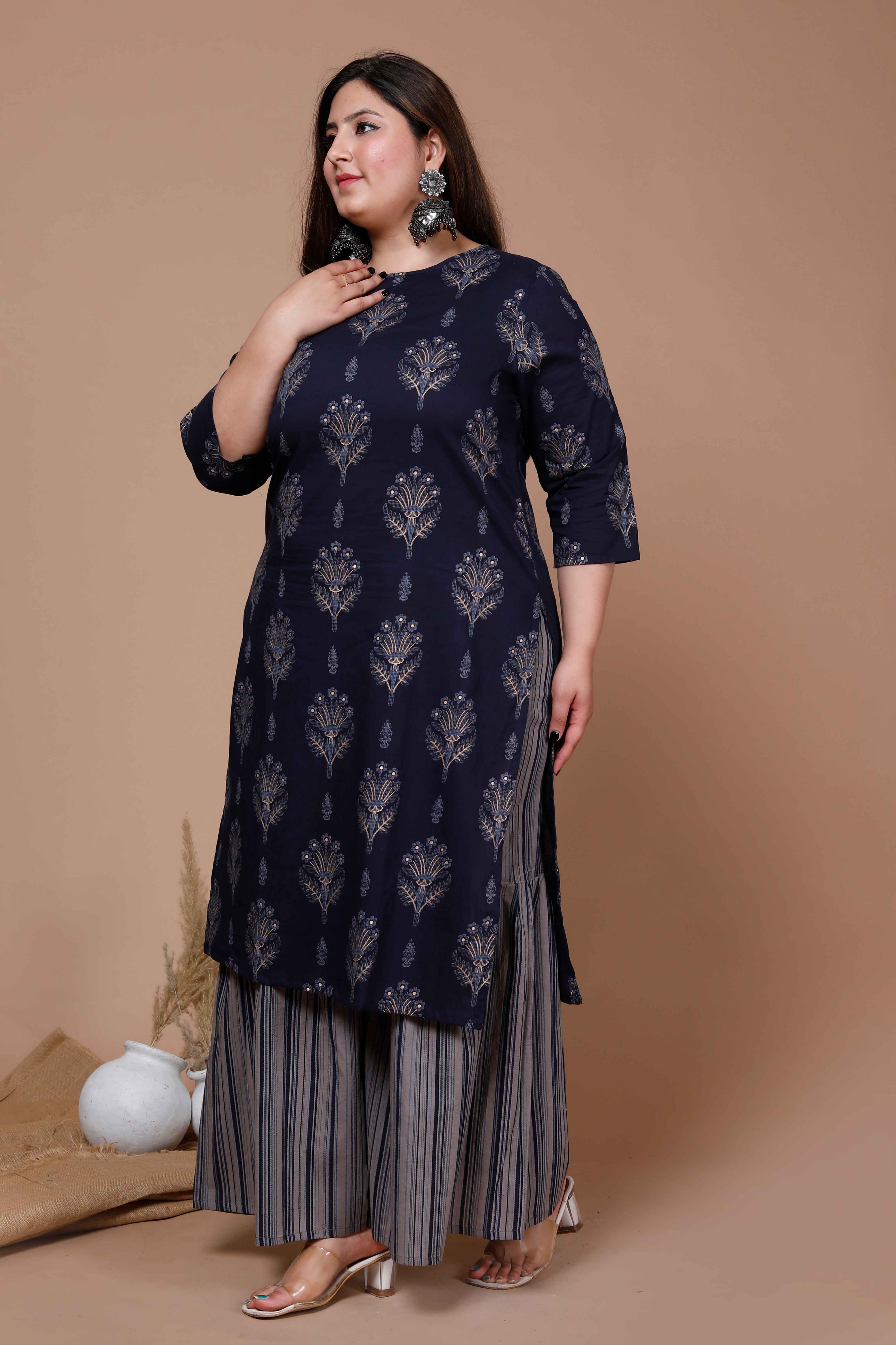 Blue Floral Printed Cotton Kurta with Grey Sharara Set